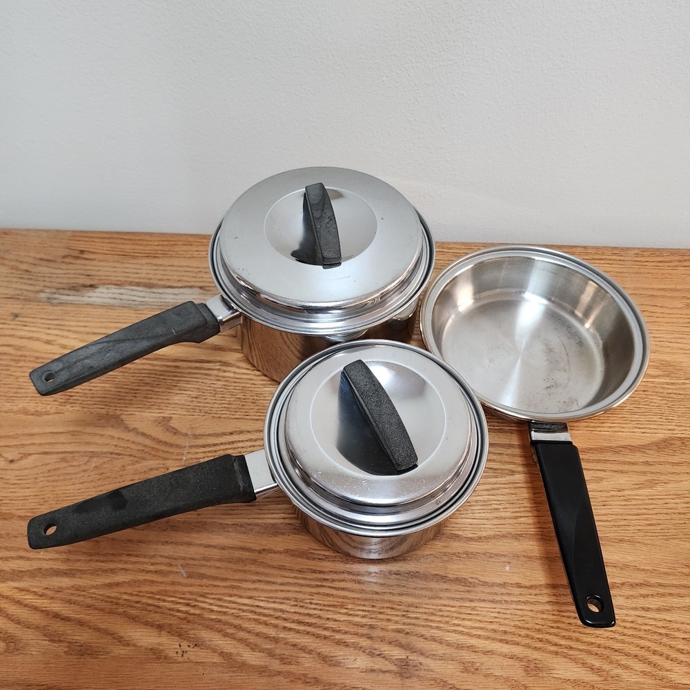 VTG Flint Ware Ekco Stainless Steel Pots Pans Set USA 7 Inch Skillet 1 Qt 2 Qt